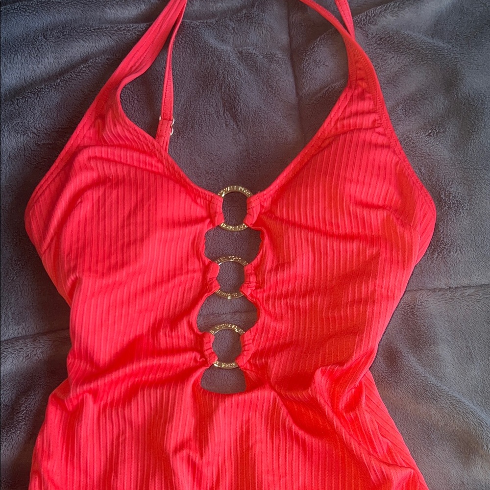MICHAEL Michael Kors Bright Red Halter One-Piece Swimsuit - Picture 3 of 4